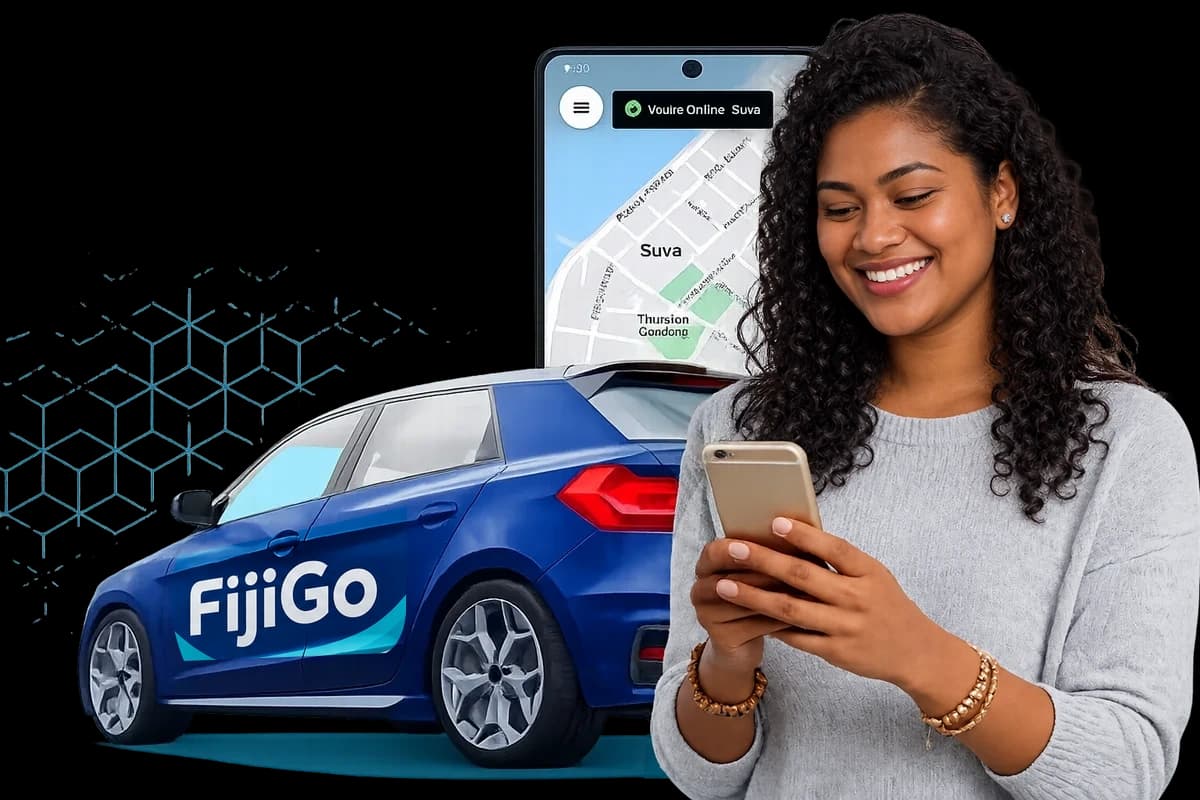 A Fijian woman booking a FijiGo taxi on her phone beside a FijiGo car