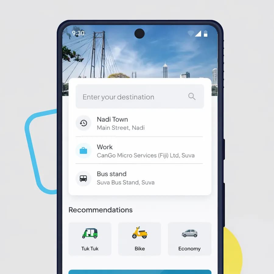 The FijiGo rider app showing destination suggestions